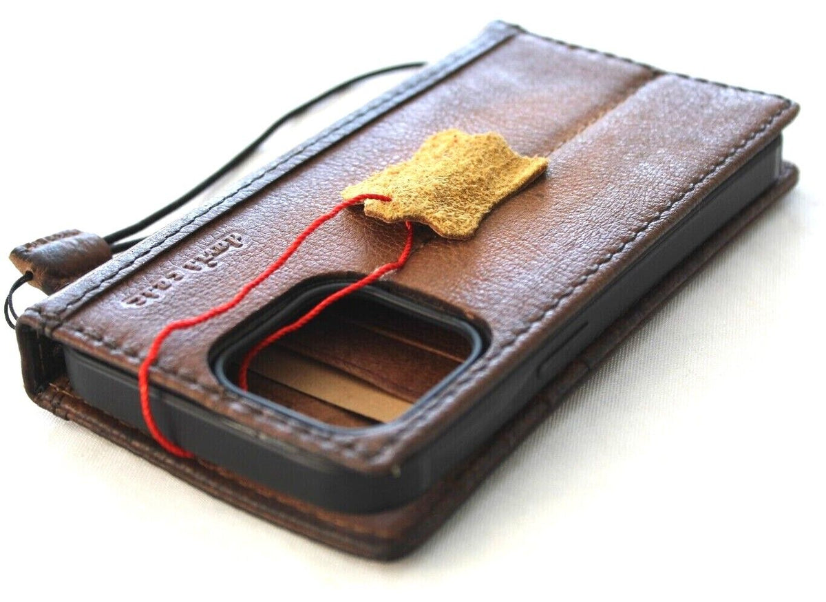 Handcrafted genuine leather wallet case for iPhone 11-15 Pro Max, with card slots and vintage-style full grain leather by DAVISCASE.