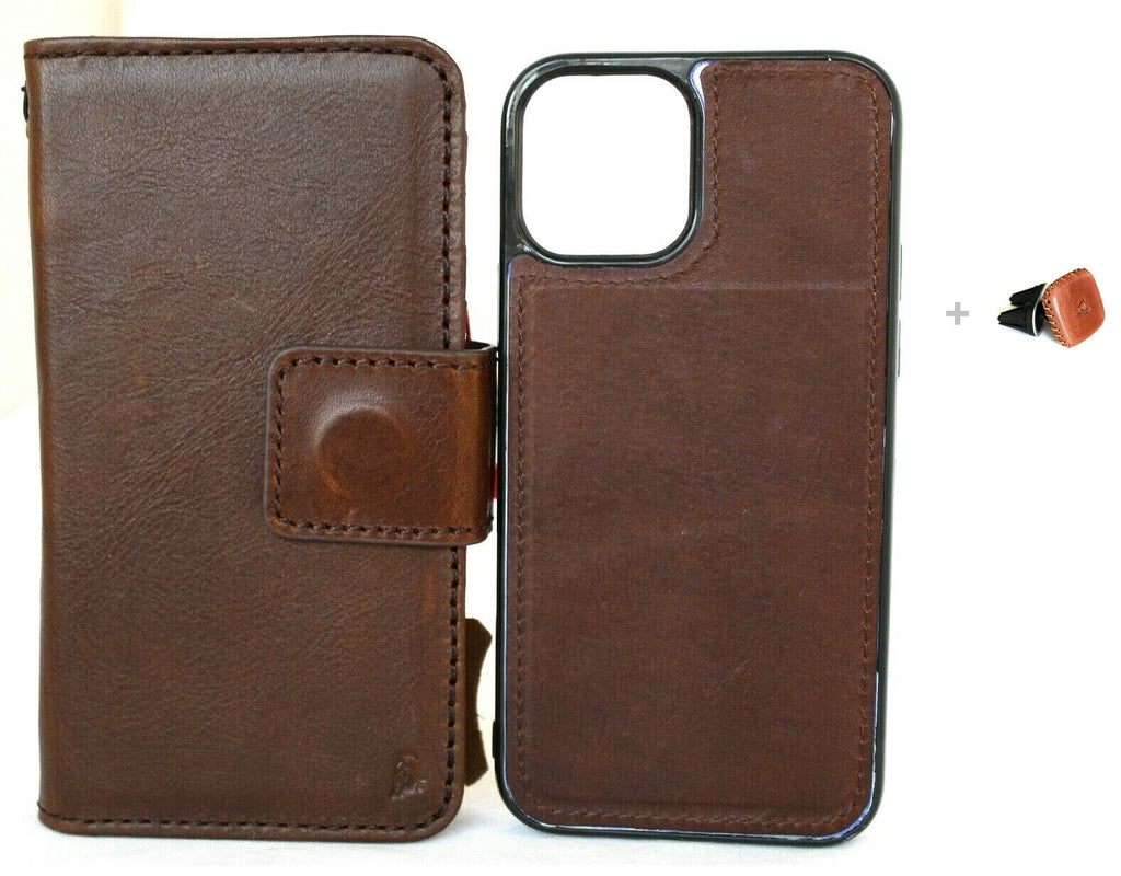 DavisCase genuine soft leather iPhone 12 wallet case with vintage design, credit card slots, magnetic cover, and removable car holder