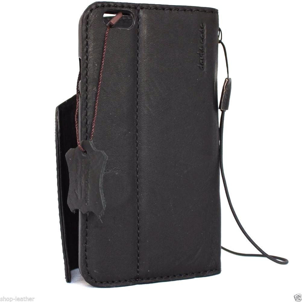 Black genuine leather iPhone 6s Plus case with wallet design, card slots, magnet closure, handmade, slim and stylish accessory.