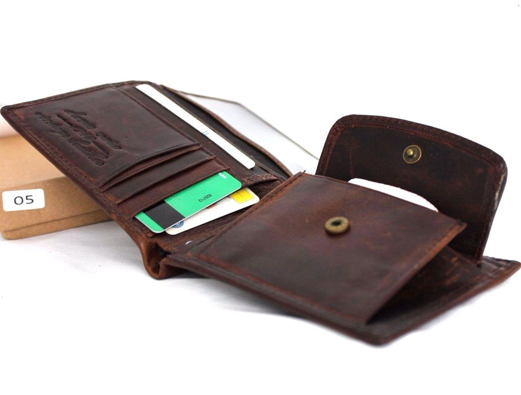 Men's vintage leather wallet in rich brown with coin pocket, slim design, crafted from Italian natural skin, retro style, luxury accessory.