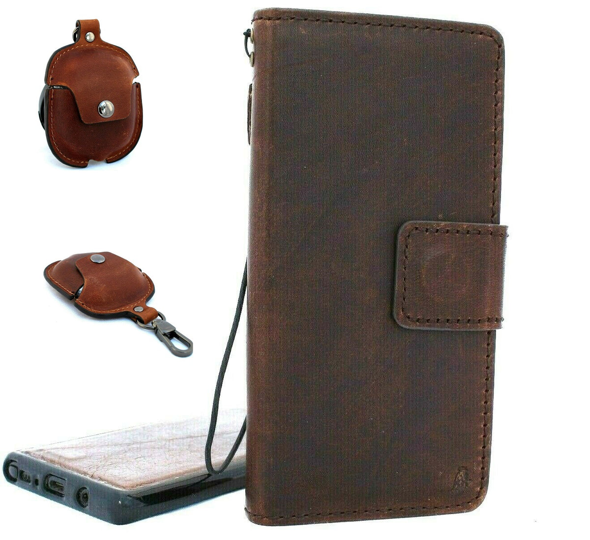Dark brown genuine leather Samsung Galaxy Note 10 Plus case with wallet slots, rubber stand, magnetic closure, and AirPods 2 holder by DAVISCASE.