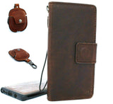 Genuine Vintage leather case for Samsung Galaxy Note 10 Plus book wallet soft Removable holder slots rubber stand detachable magnetic Dark brown + Airpods2