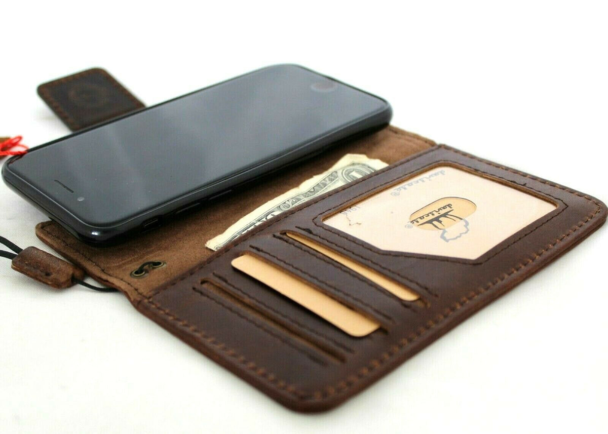Dark leather iPhone SE 2 case by DAVISCASE with detachable wallet cover, ID window, card slots, rubber strap, and wireless charging compatibility.