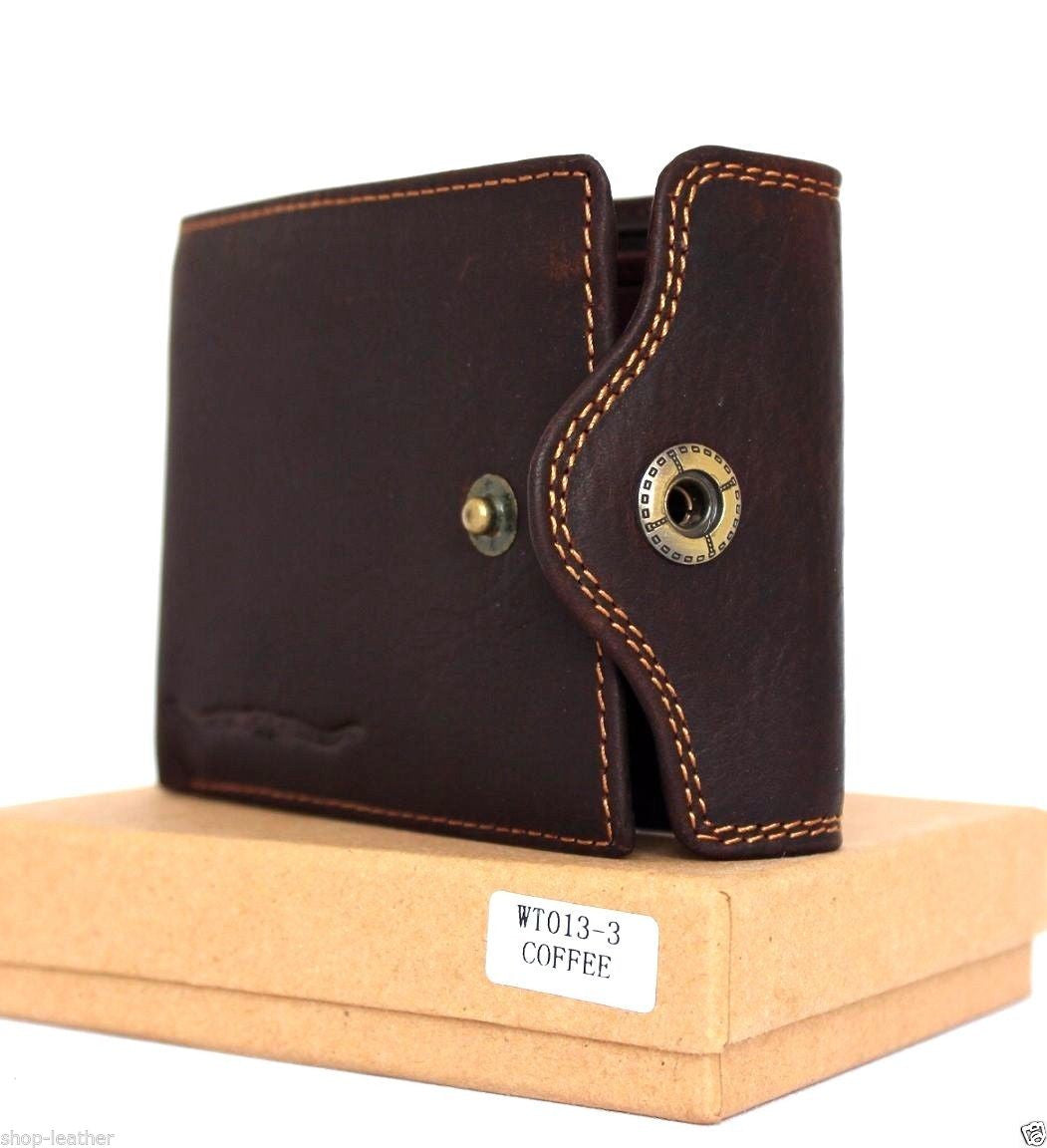 Men's brown DAVISCASE leather wallet with 4 card slots, ID window, and 2 bill sections, bi-fold style.