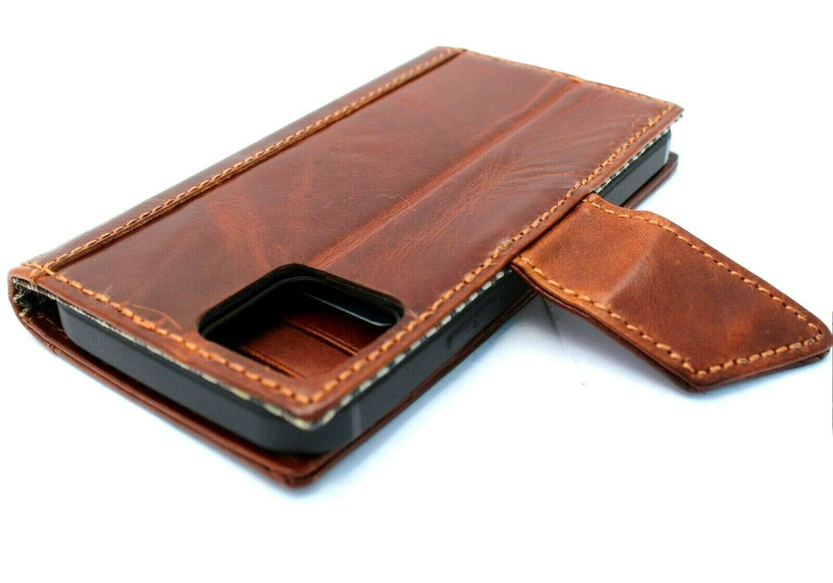 Genuine leather wallet case for iPhone 11-13 Pro, XS Max, XR, SE 2020, with ID window and credit card slots, vintage style by DAVISCASE.
