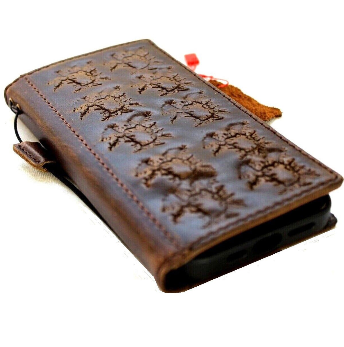 Handcrafted genuine leather phone case for Apple iPhone models with vintage style, card slots, and distressed full grain leather.