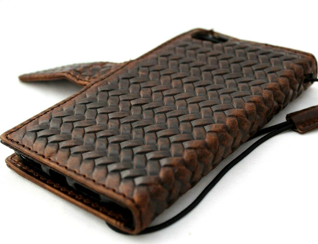 Genuine dark leather iPhone 8 magnetic case with wallet design, credit card slots, handmade by DAVISCASE.