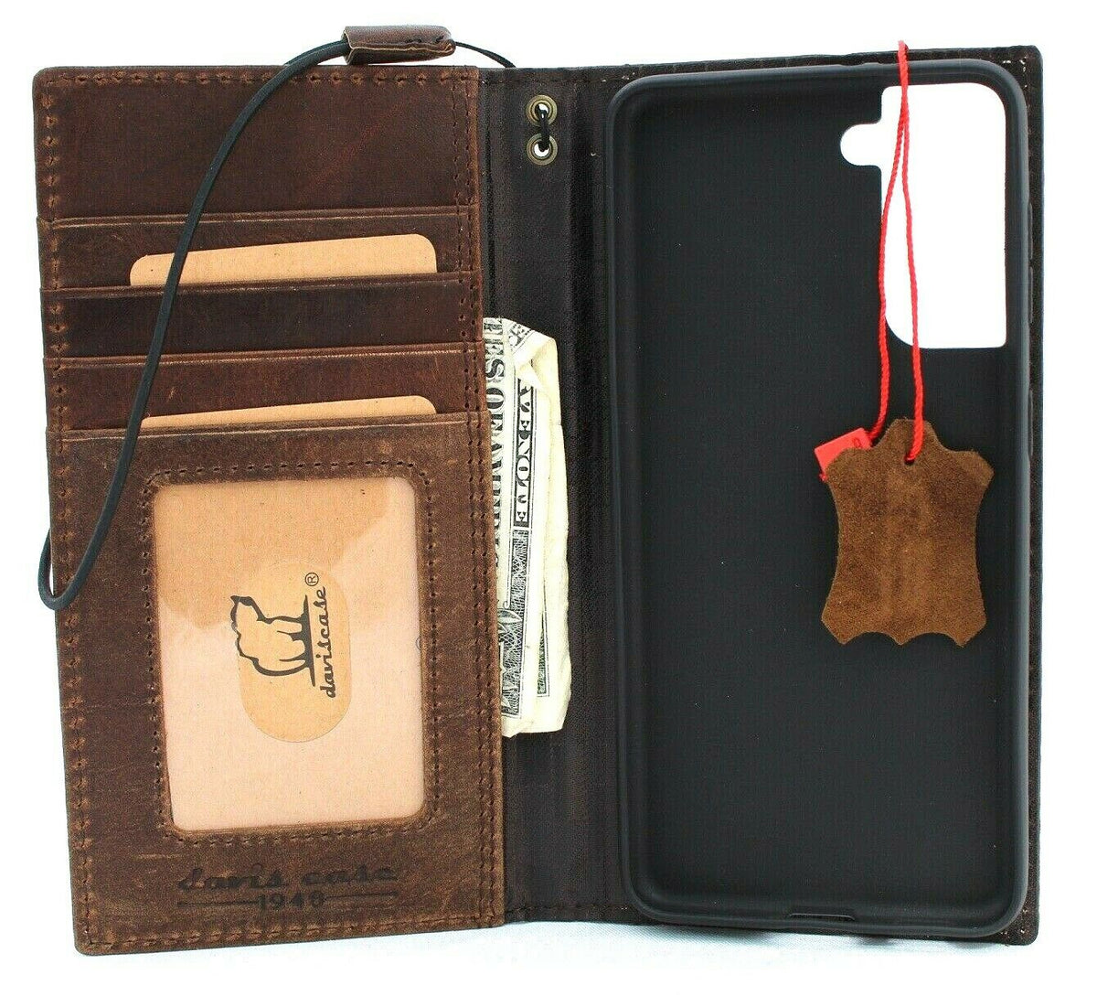 Leather Galaxy S21 case by DAVISCASE with wallet design, card holder, wireless charging compatibility, and ID slot.