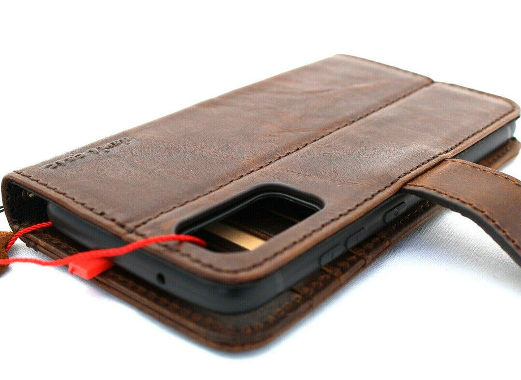Dark brown handmade Italian leather wallet case for Samsung Galaxy S20 by DavisCase, featuring a rubber holder and wireless charging compatibility.