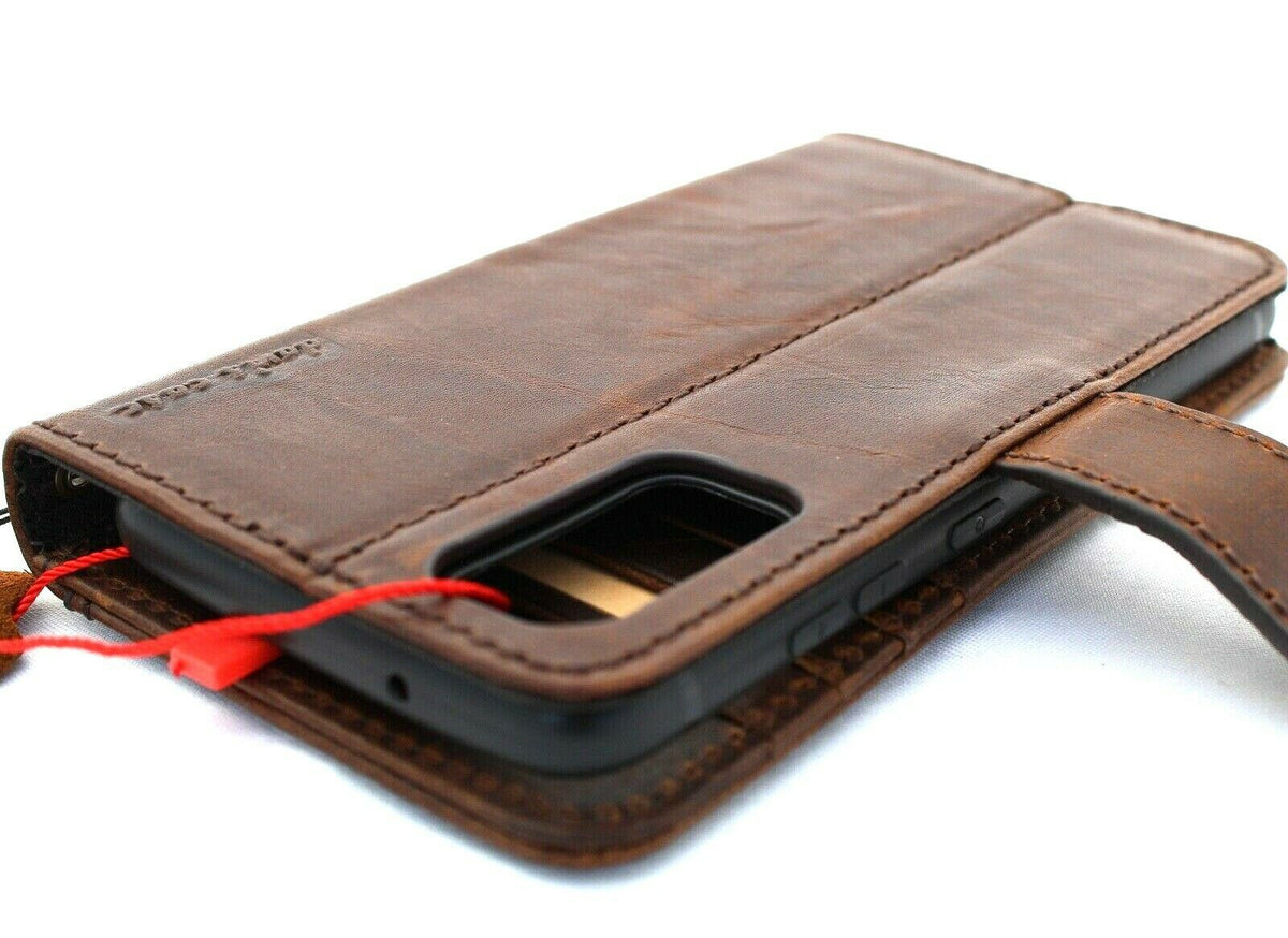 Dark brown handmade Italian leather wallet case for Samsung Galaxy S20 by DavisCase, featuring a rubber holder and wireless charging compatibility.