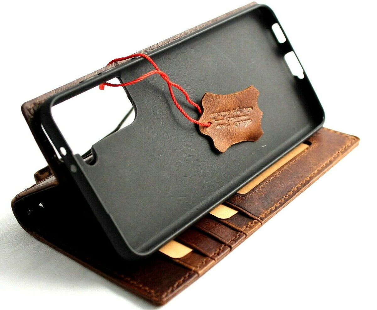 Genuine dark leather Samsung Galaxy S22 Plus 5G wallet case with ID window, card slots, wireless charging holder, by DAVISCASE.