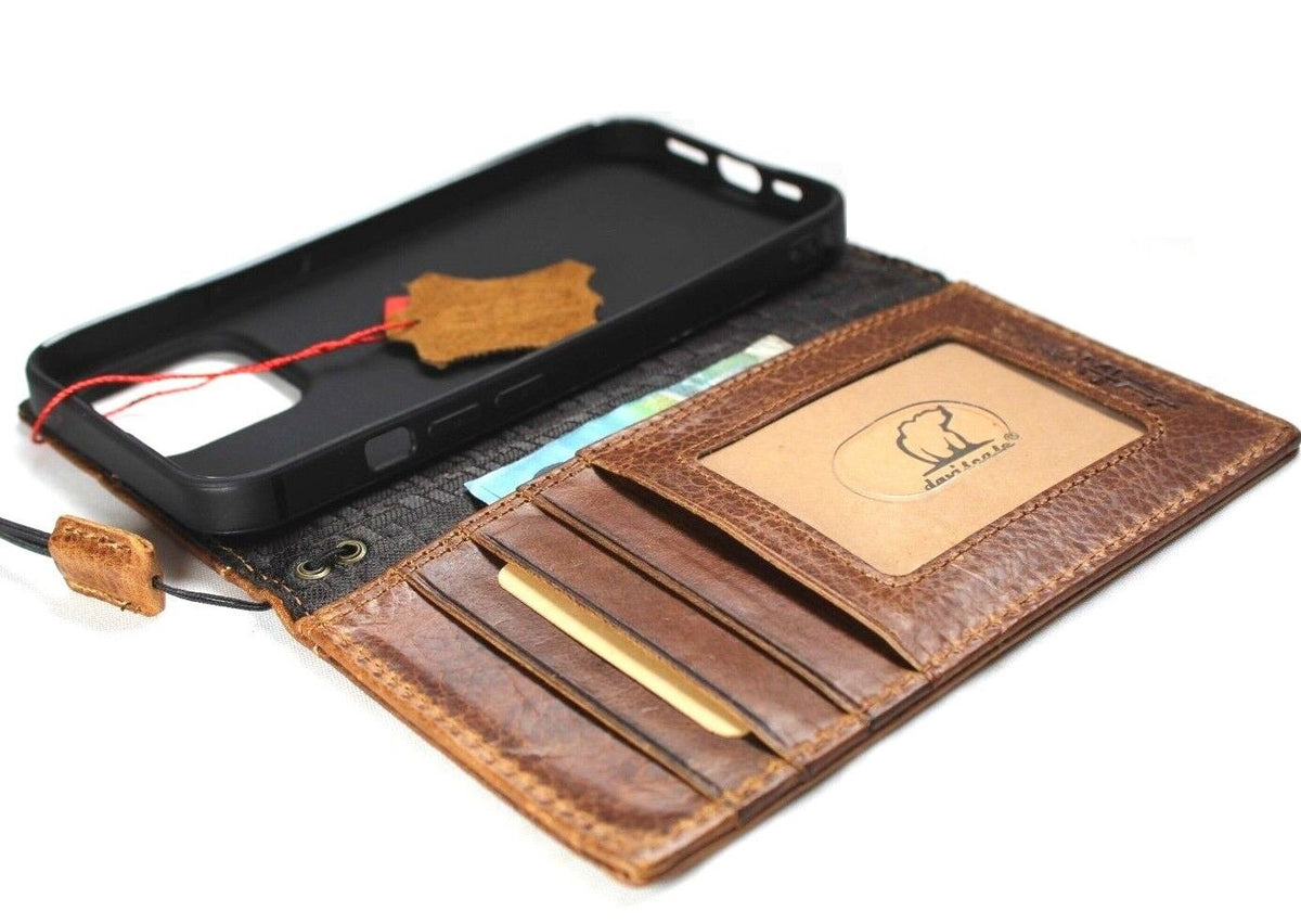 DavisCase genuine leather phone case for iPhone models with vintage tan finish, credit card slots, and embossed eagle design.