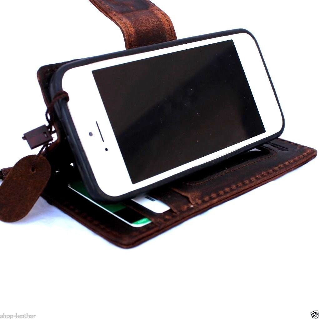 Handmade vintage brown leather iPhone 4/4S wallet case with book-style cover and luxury bracket design.