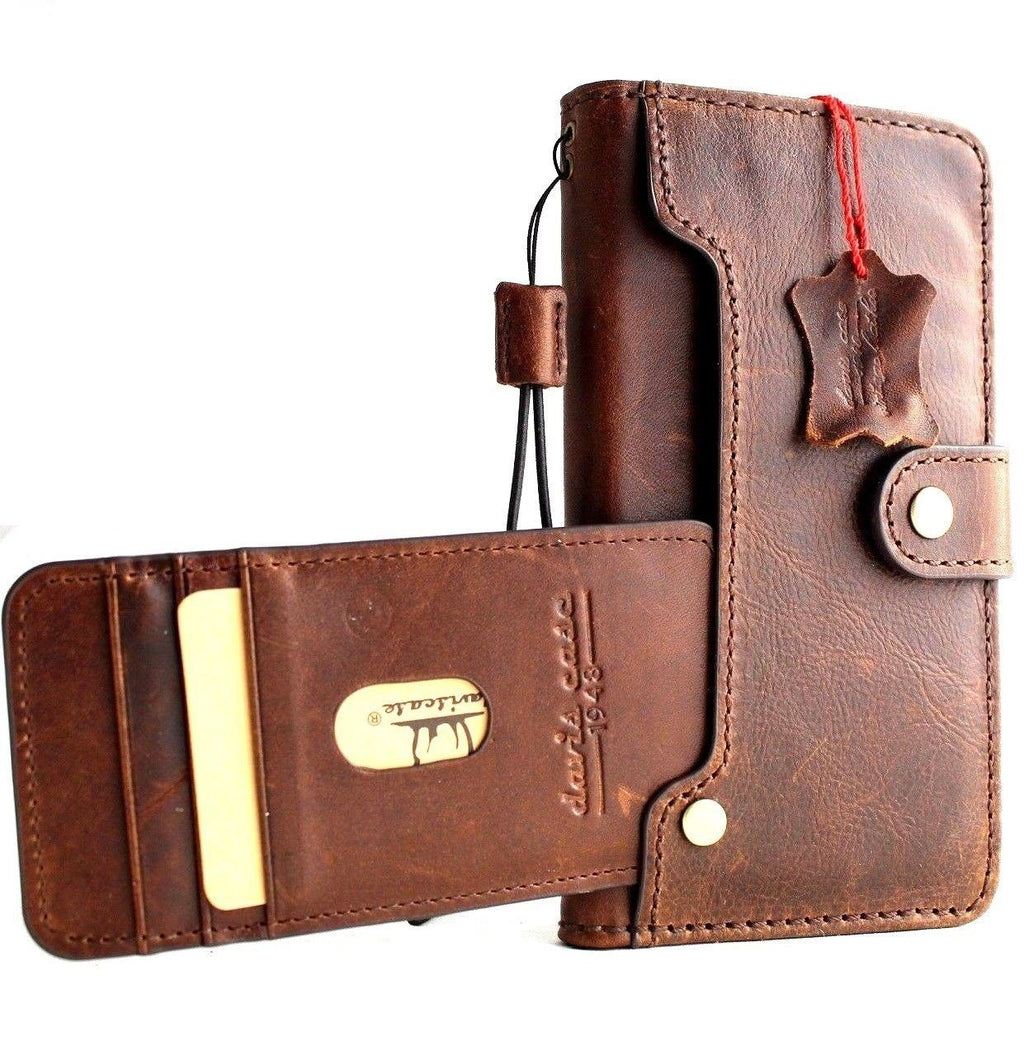 Handmade DAVISCASE genuine leather iPhone XS case with vintage wallet design, wireless closure, strap, and credit card slots.