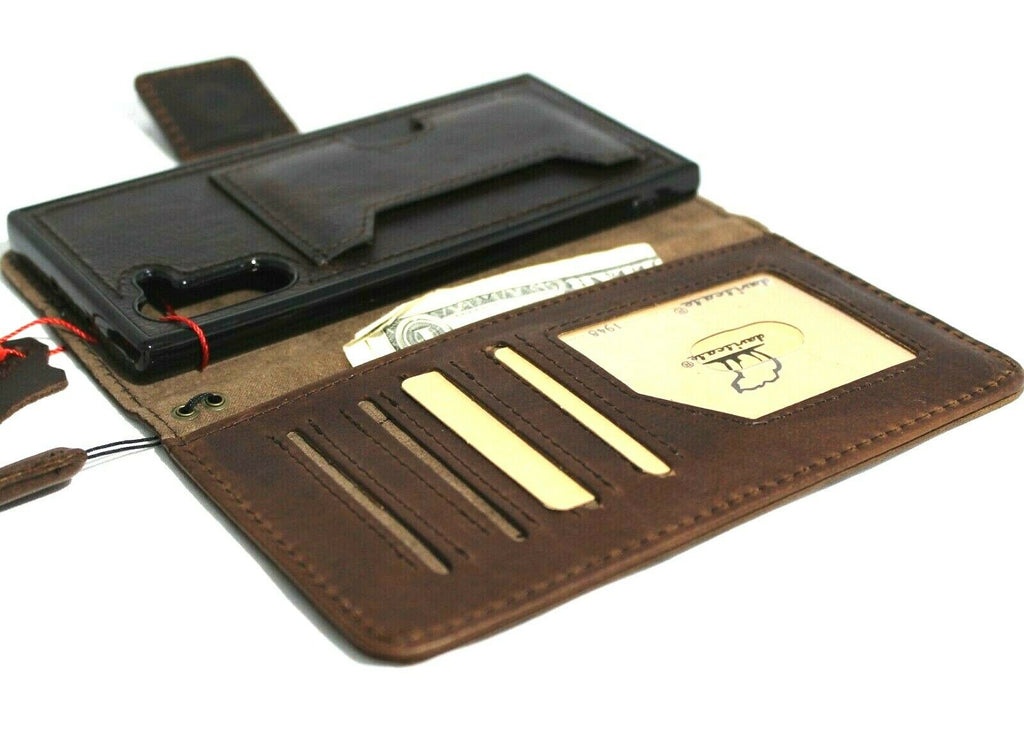 Genuine dark leather Galaxy Note 10 wallet case with window, stand, soft interior, handmade by DavisCase for wireless charging.