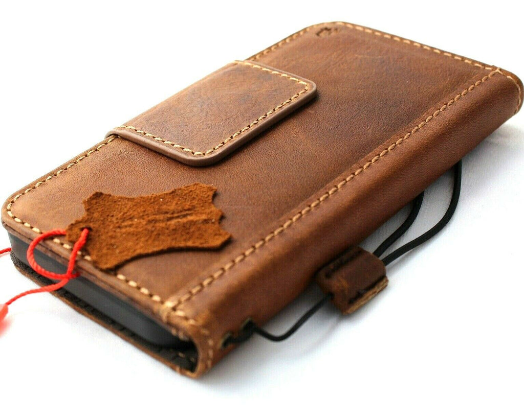 Handmade tan leather iPhone 12 Pro wallet case with ID window, credit card slots, vintage style, soft slim cover by DAVISCASE.