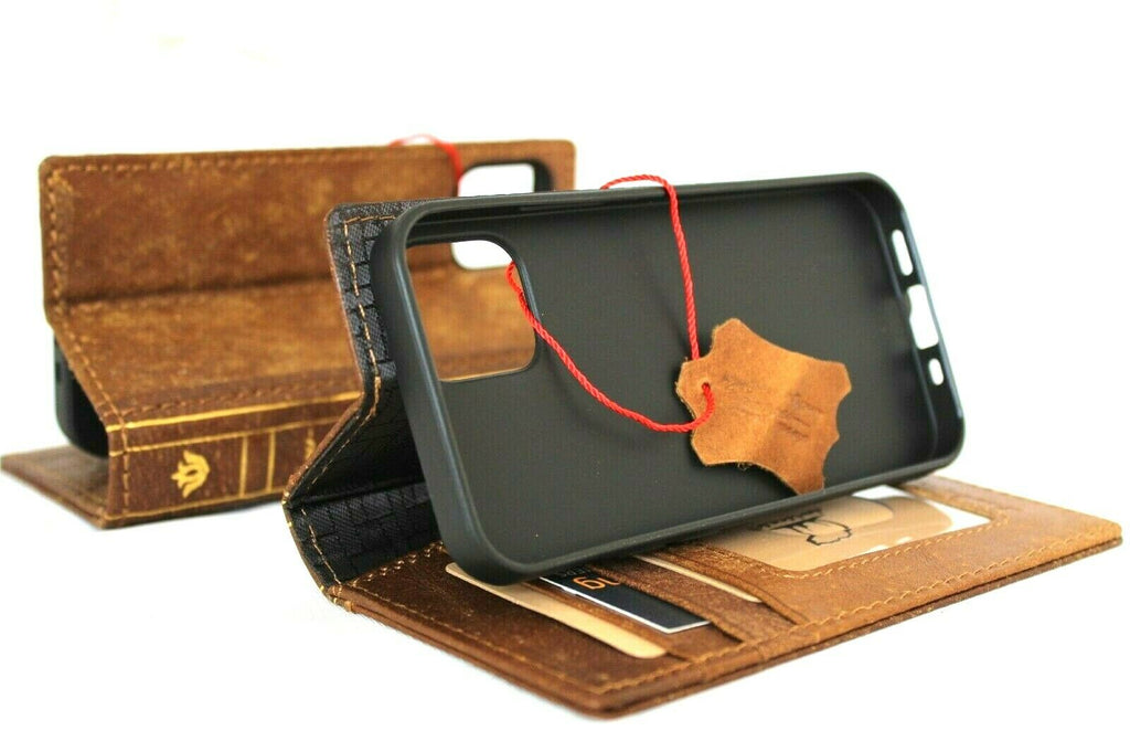 Genuine tan leather iPhone 12 Mini case by DAVISCASE with vintage book wallet design, slim soft cover, and card slots.