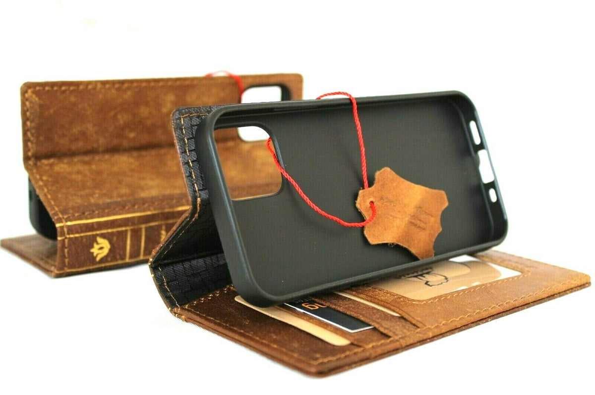Genuine tan leather iPhone 12 Mini case by DAVISCASE with vintage book wallet design, slim soft cover, and card slots.