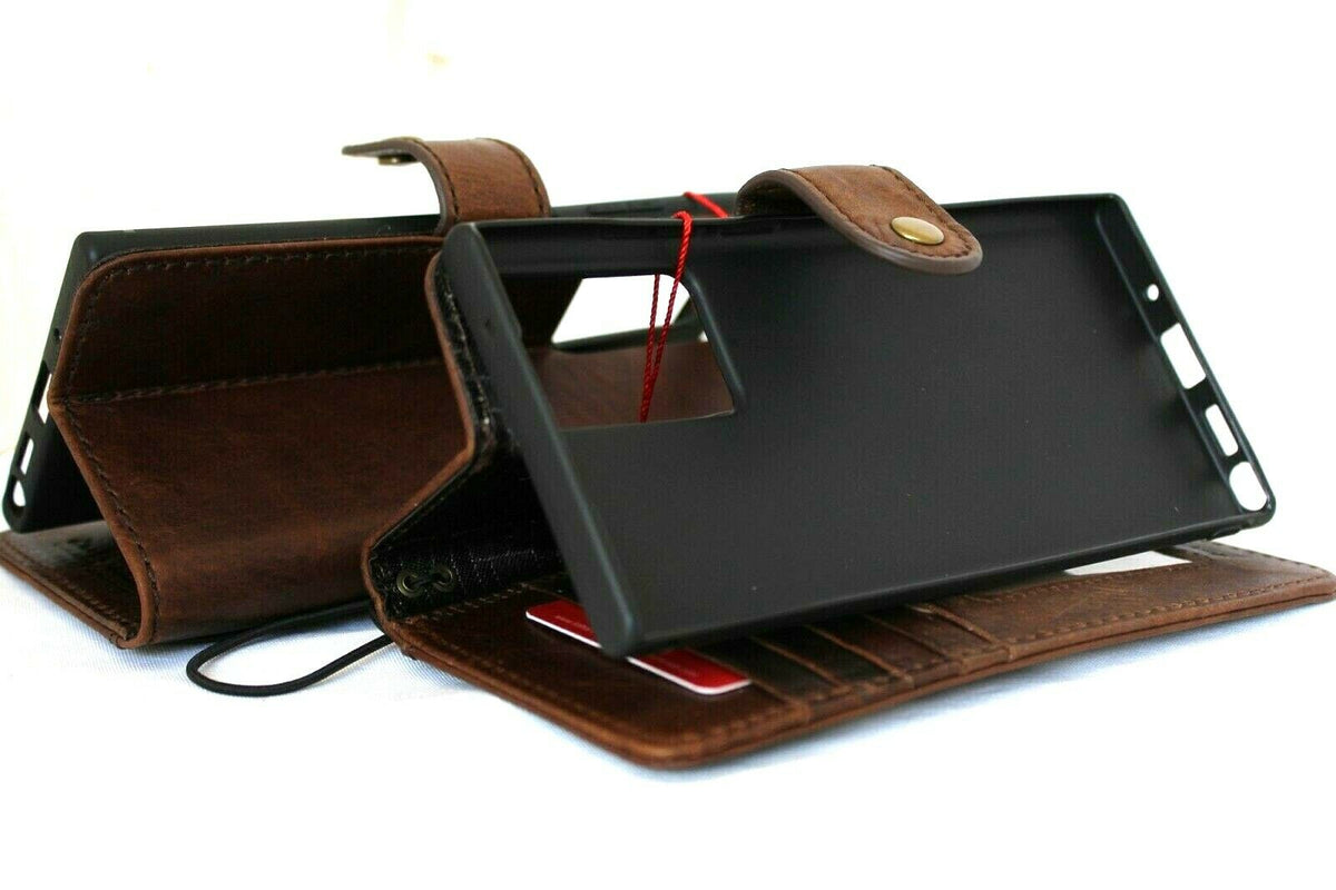 Handmade genuine leather wallet case for Samsung Galaxy Note 20 Ultra by DavisCase, featuring a rubber holder and wireless charging fold.