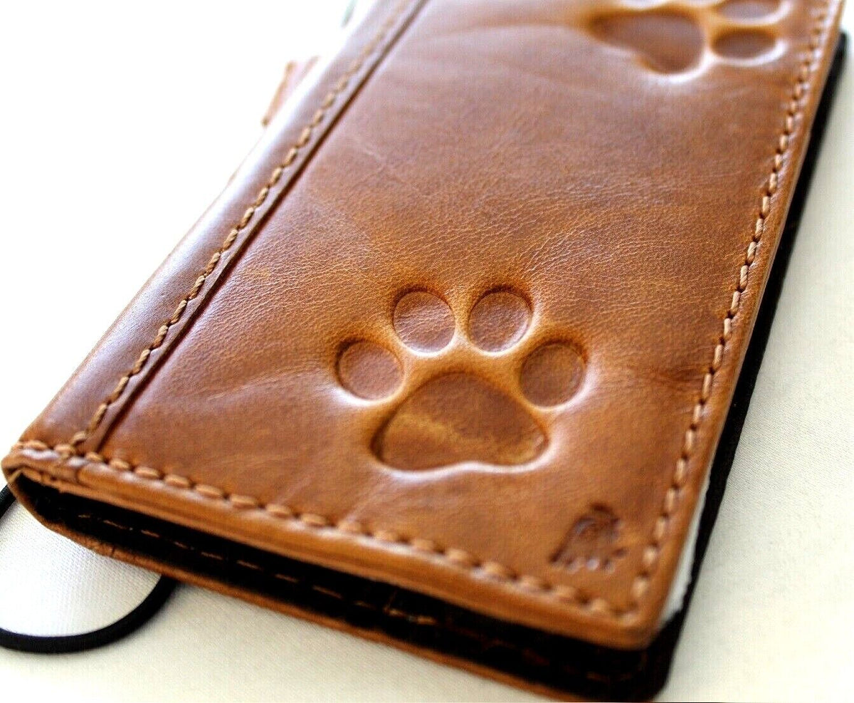 Handmade genuine leather iPhone wallet case with vintage dog paw and tiger stamping, credit card slots, for Apple iPhone models.