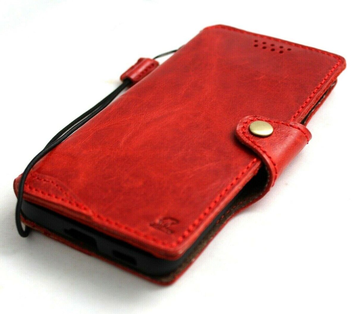 Genuine red leather Samsung Galaxy S21 wallet case by DavisCase, handmade with rubber holder and wireless charging compatibility.
