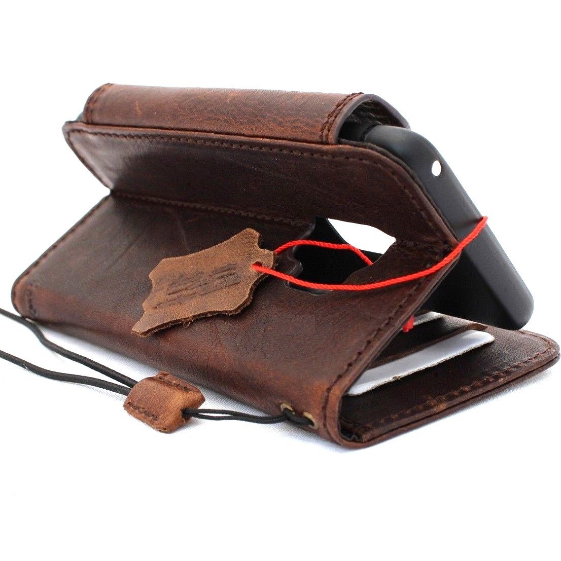 Handmade genuine Italian leather wallet case for Samsung Galaxy S9 with oiled finish, designed for wireless charging, dark brown color.