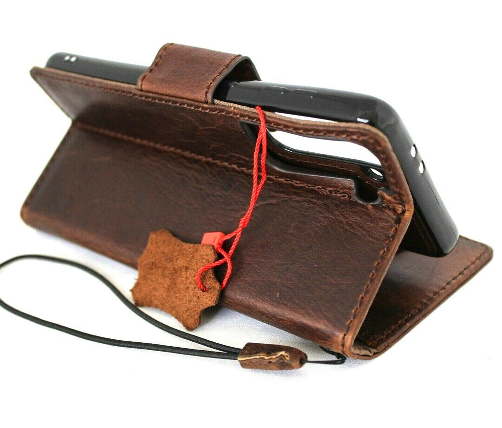 Genuine full leather Samsung Galaxy S21 Plus 5G case with wallet design, card slots, ID window, magnetic stand, and slim luxury finish.