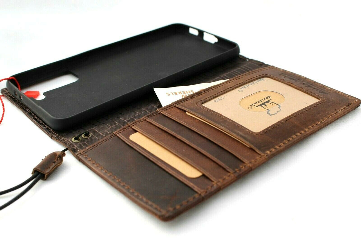 Genuine dark vintage leather wallet case for Samsung Galaxy S21 Plus 5G by DavisCase, with ID window, card slots, and wireless charging.