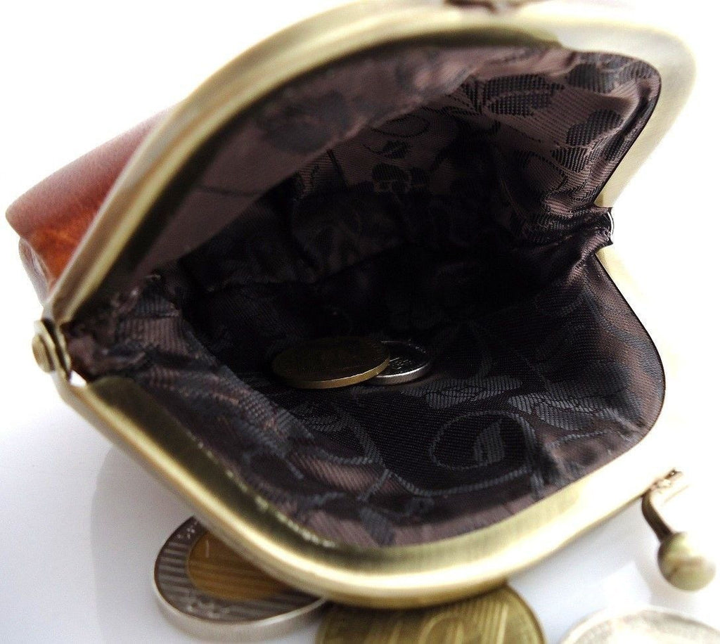 Genuine soft brown leather mini coin purse and wallet case for women with vintage style, compact and stylish accessory.
