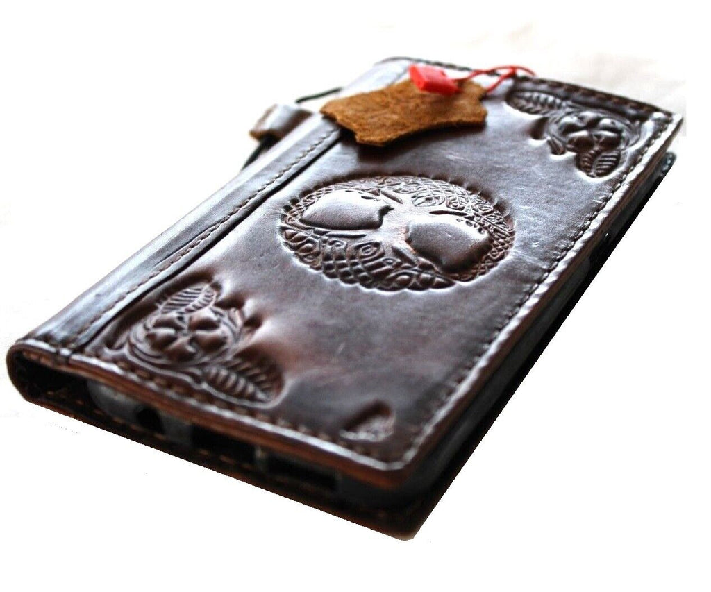 Handmade genuine leather phone case by DAVISCASE for Samsung Galaxy S22, S21, Note 10, A71, A51 with vintage Tree of Life art wallet cover