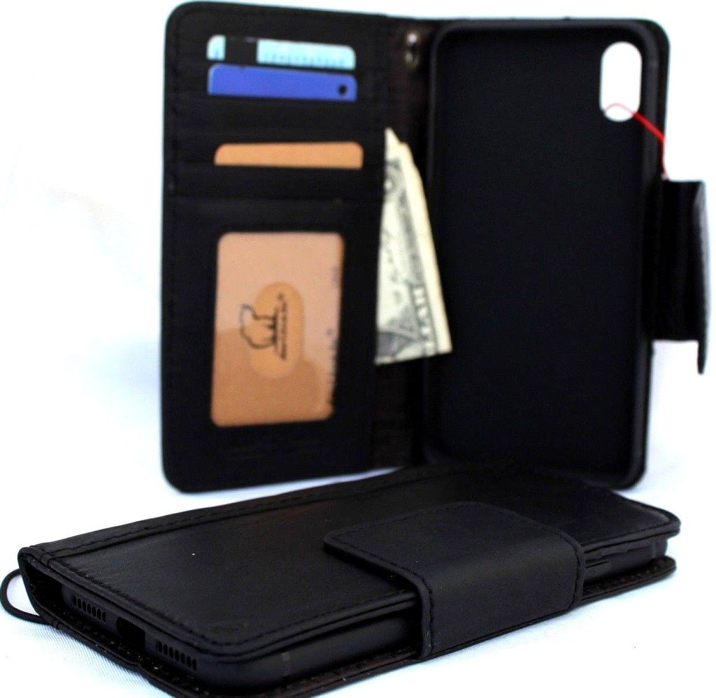 Black genuine leather iPhone XS Max wallet case with card slots, vintage style, magnet closure, slim handmade design.