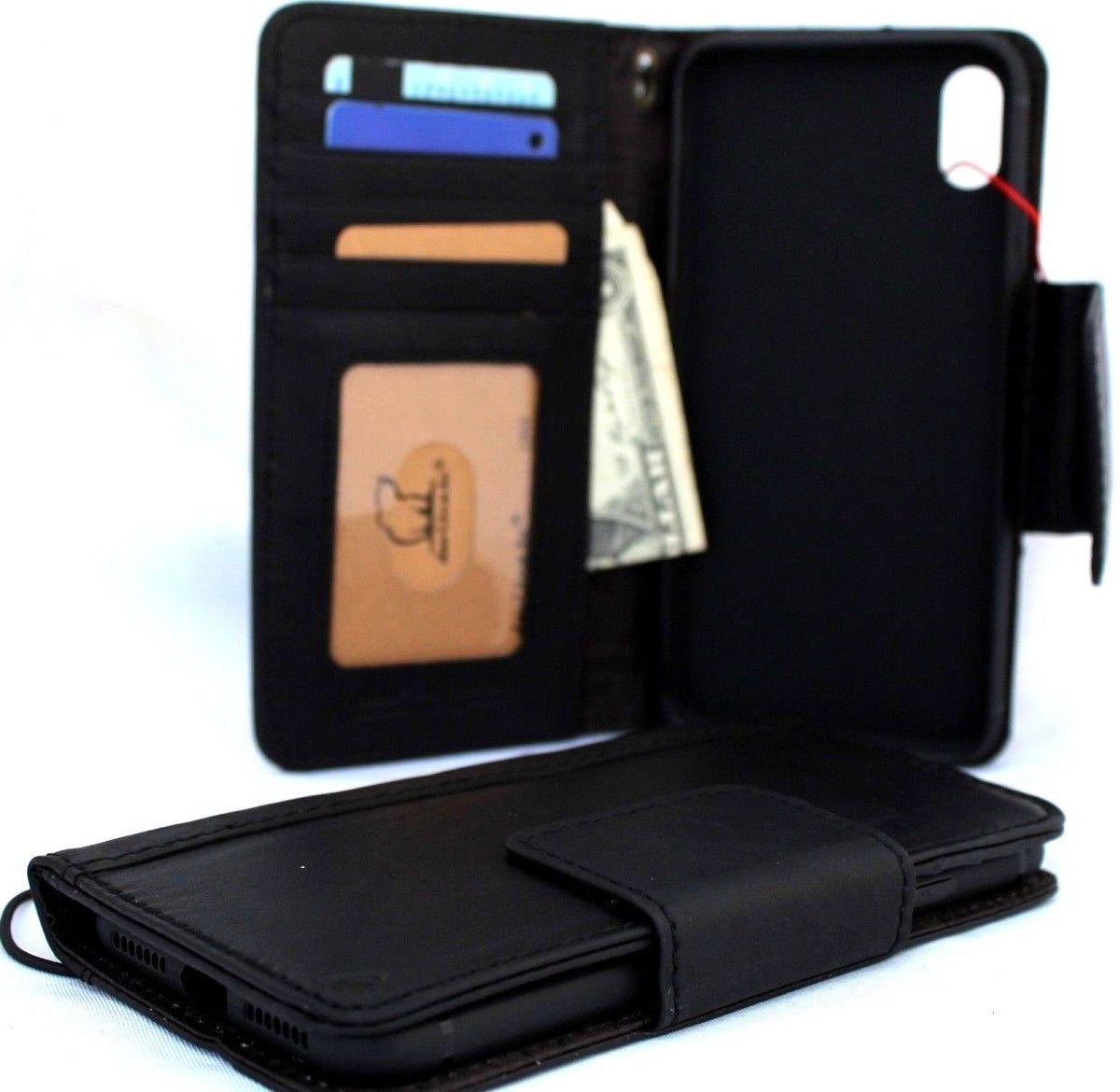 Black genuine leather iPhone XS Max wallet case with card slots, vintage style, magnet closure, slim handmade design.