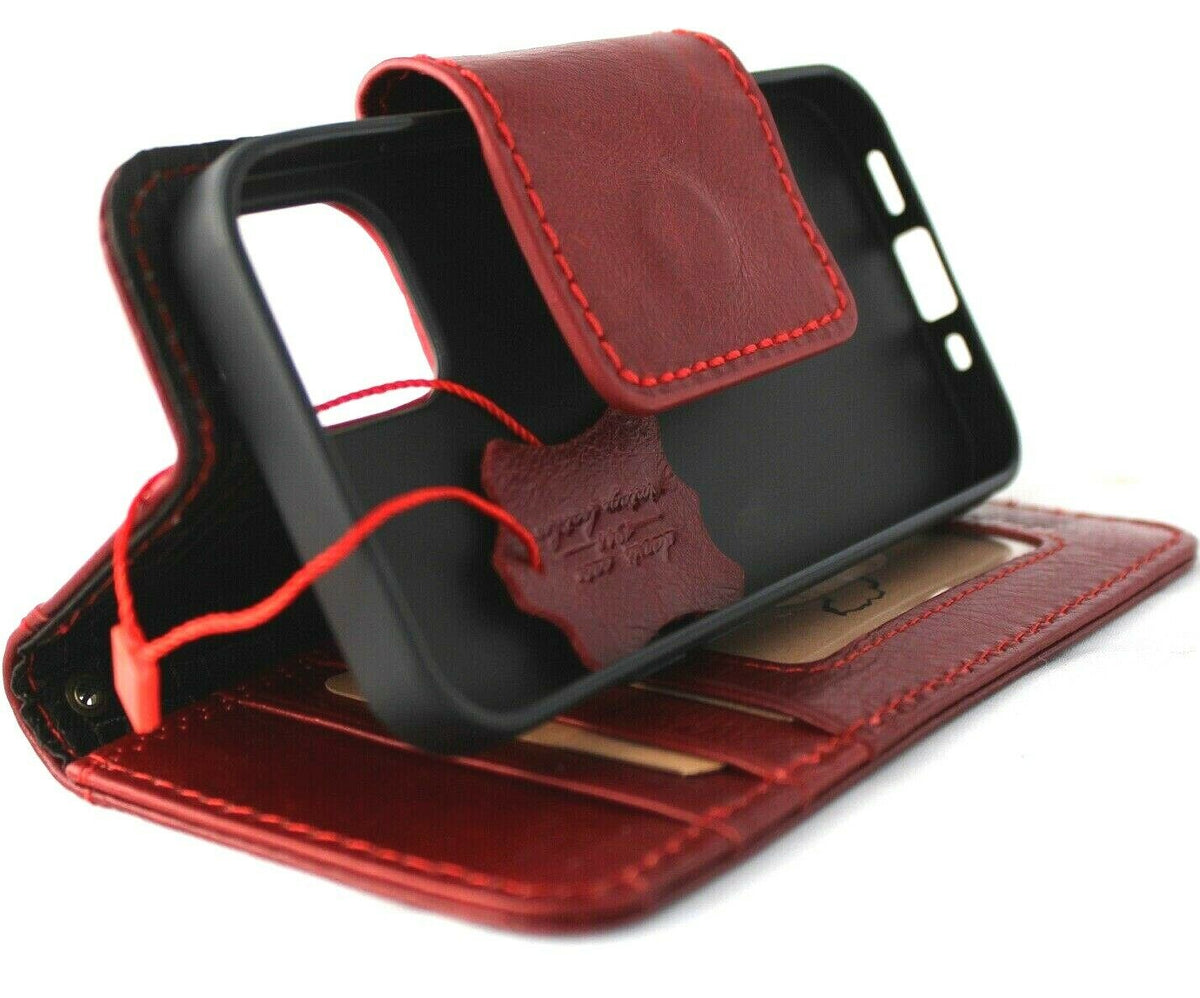 Natural red leather phone case for iPhone 12 Mini by DAVISCASE, vintage-style wallet with magnetic closure and card slots.