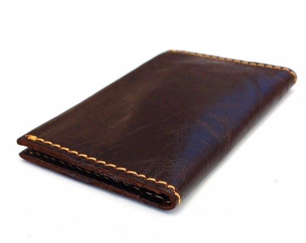 Men's dark soft leather mini wallet by DAVISCASE with two card slots and slip pockets, compact and stylish for everyday use.
