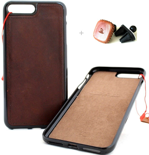 Étui en cuir naturel véritable pour iPhone 8 Plus / 7 Plus housse portefeuille mince support souple luxe rétro Classique + Support de voiture magnétique Davis