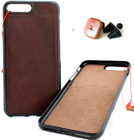 Étui en cuir naturel véritable pour iPhone 8 Plus / 7 Plus housse portefeuille mince support souple luxe rétro Classique + Support de voiture magnétique Davis