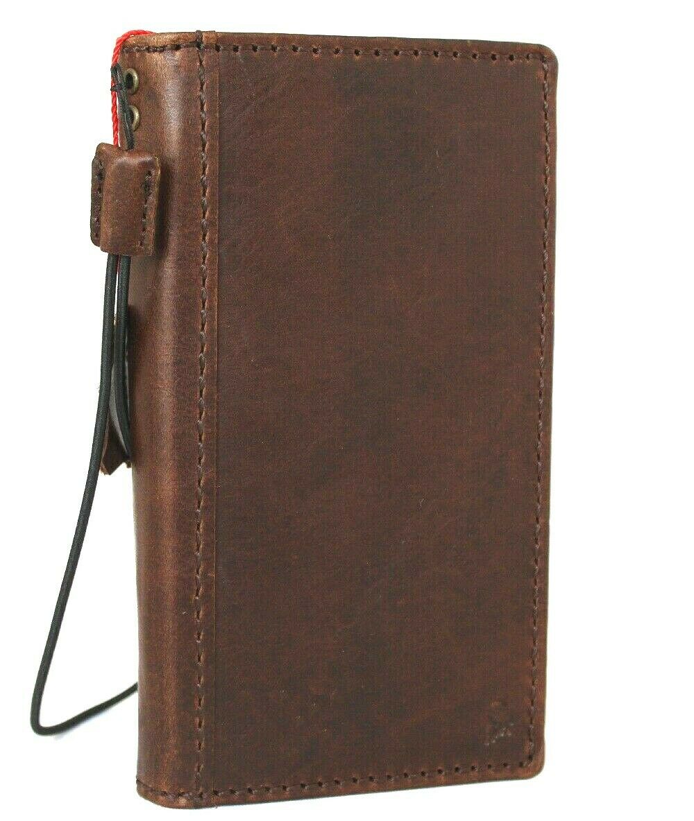 Genuine full dark leather iPhone 12 case with vintage book wallet design, credit card slots, soft full grain leather by DAVISCASE.