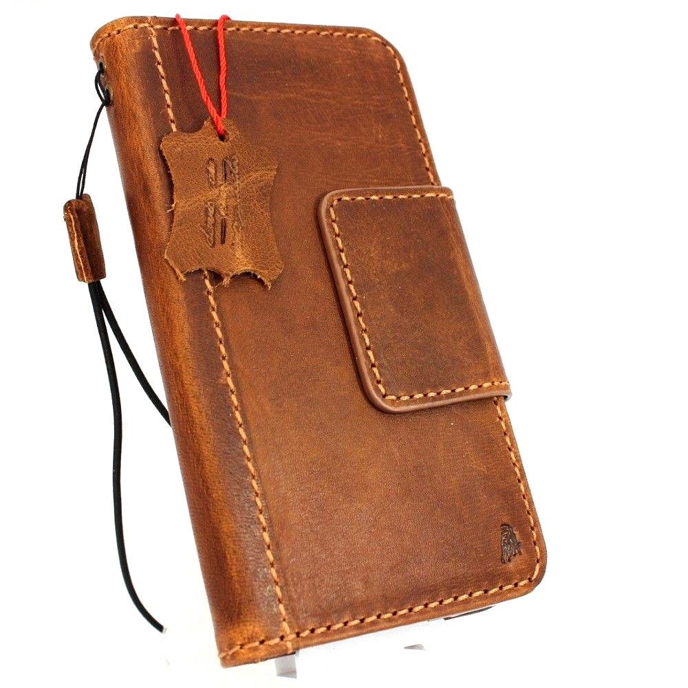 Handmade genuine leather wallet case for Samsung Galaxy S9 with magnetic closure, featuring a stylish, natural leather design.