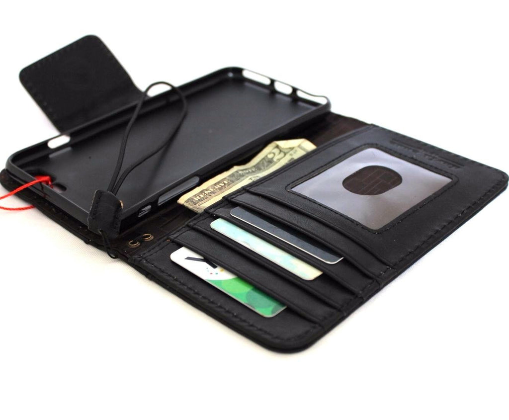 Genuine black leather iPhone 8 Plus case with magnetic cover wallet credit card holder, handcrafted by DAVISCASE.