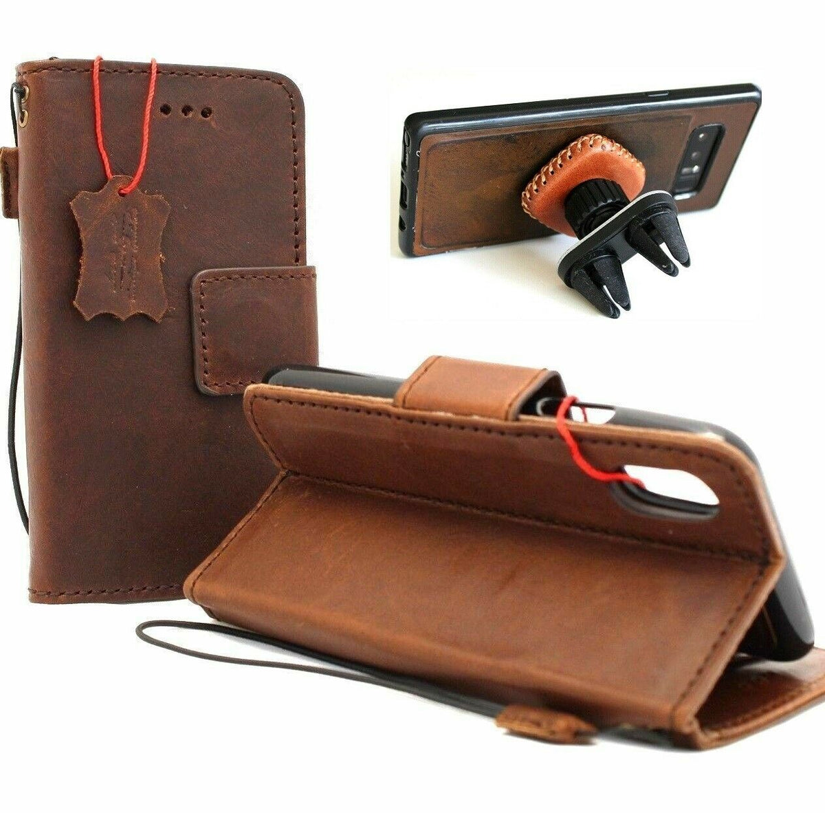 Genuine leather iPhone XR case by DAVISCASE with wallet design, removable stand, magnetic car holder, and slim profile.