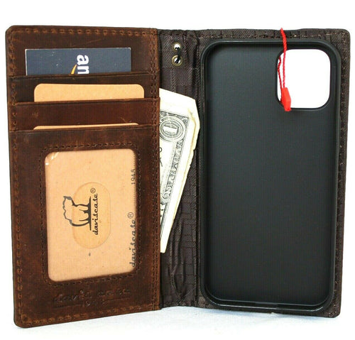Genuine dark natural leather case for Apple iPhone 12 Mini by DAVISCASE, vintage design, slim soft cover with card slots