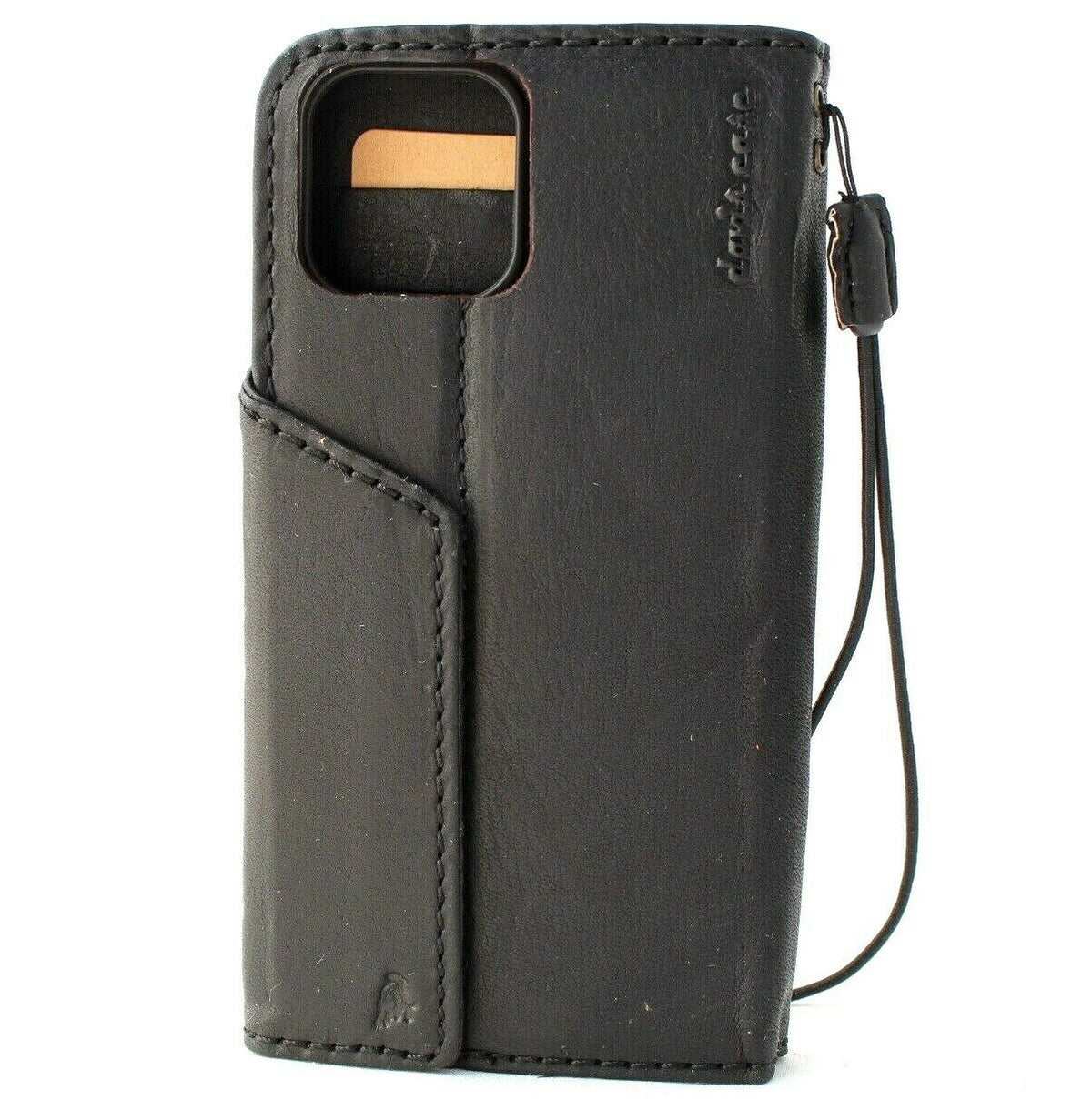 Black genuine leather wallet case for iPhone 13 Pro Max with card slots, handmade by DAVISCASE, soft cover, full grain leather.