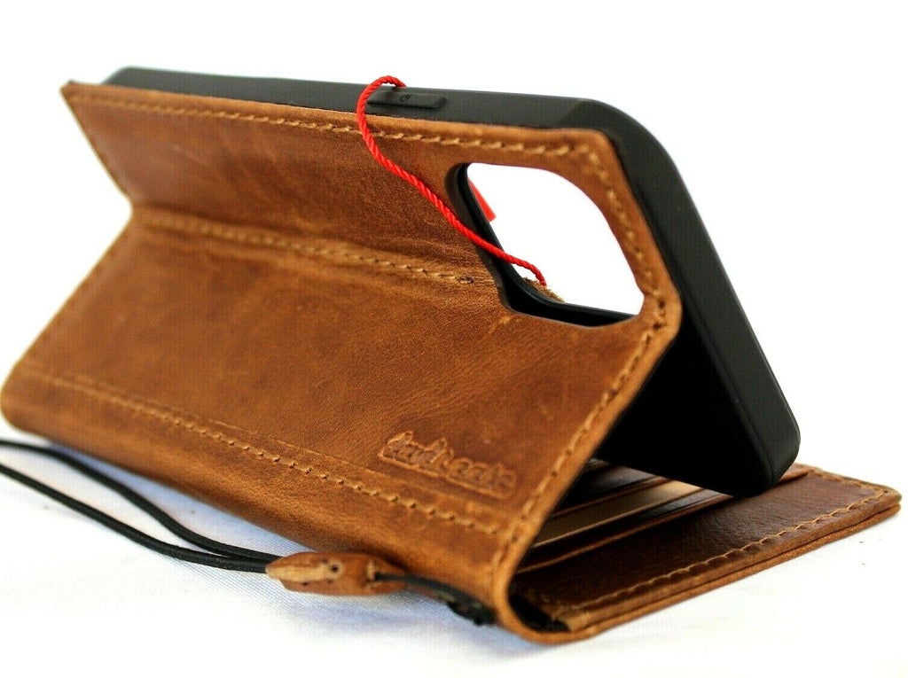Handmade genuine tan leather iPhone 12 case with ID window, credit card slots, soft cover, slim design by DAVISCASE.