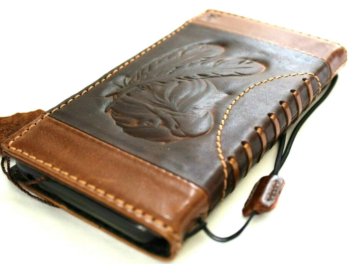 Vintage leather wallet case for Apple iPhone 11 to 15 Pro Max with credit card slots, handcrafted by DAVISCASE, eagle design.