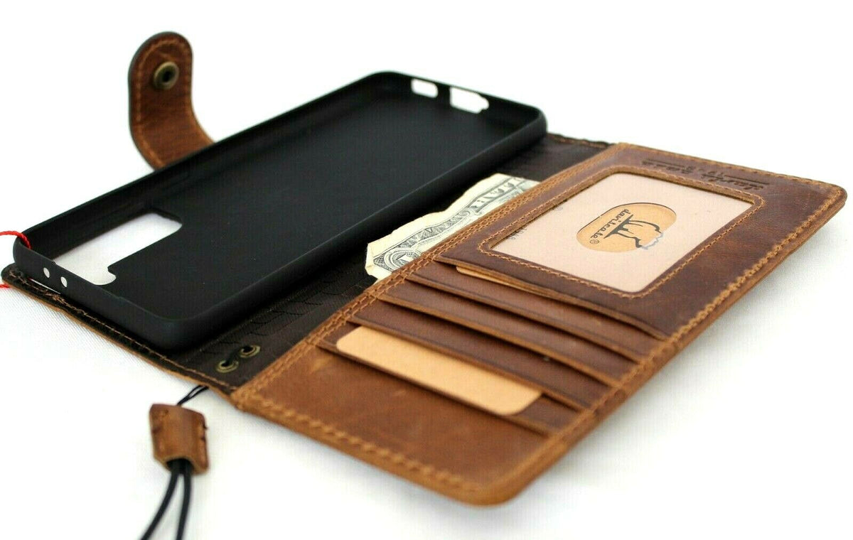 Genuine vintage tan leather Galaxy S21 Plus 5G wallet case with soft soft cover, card slots, ID window, by DavisCase