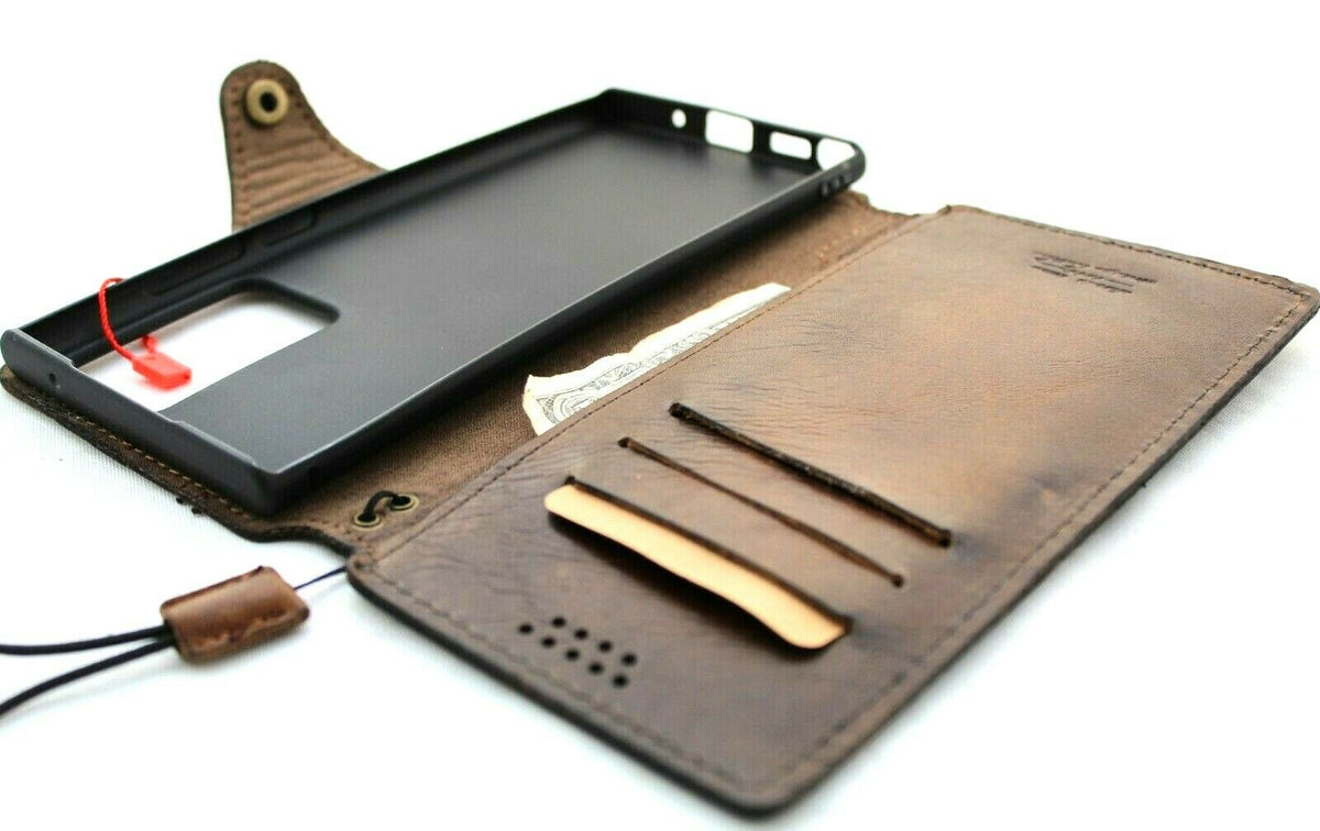 Dark oiled genuine leather case for Samsung Galaxy S20 Ultra, handcrafted wallet holder with space for cards, by DAVISCASE.