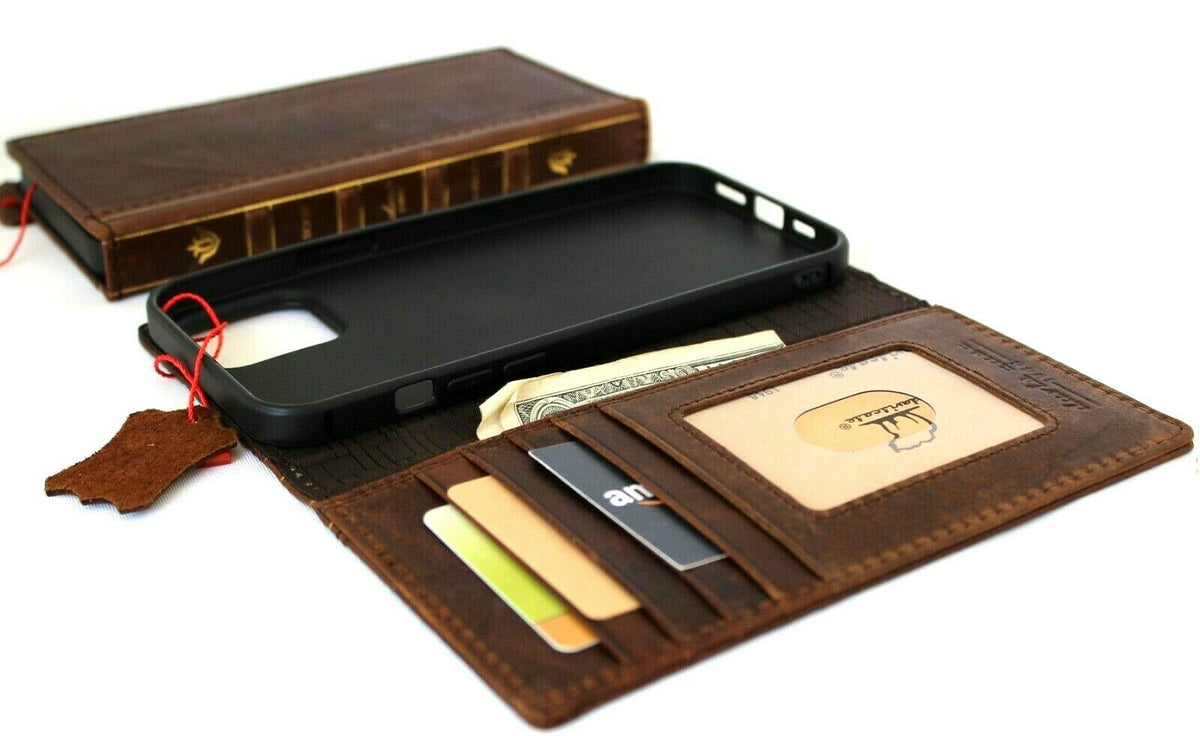Vintage genuine leather phone case for iPhone 12 Pro Max with Bible book design, ID window, credit card slots, by DAVISCASE