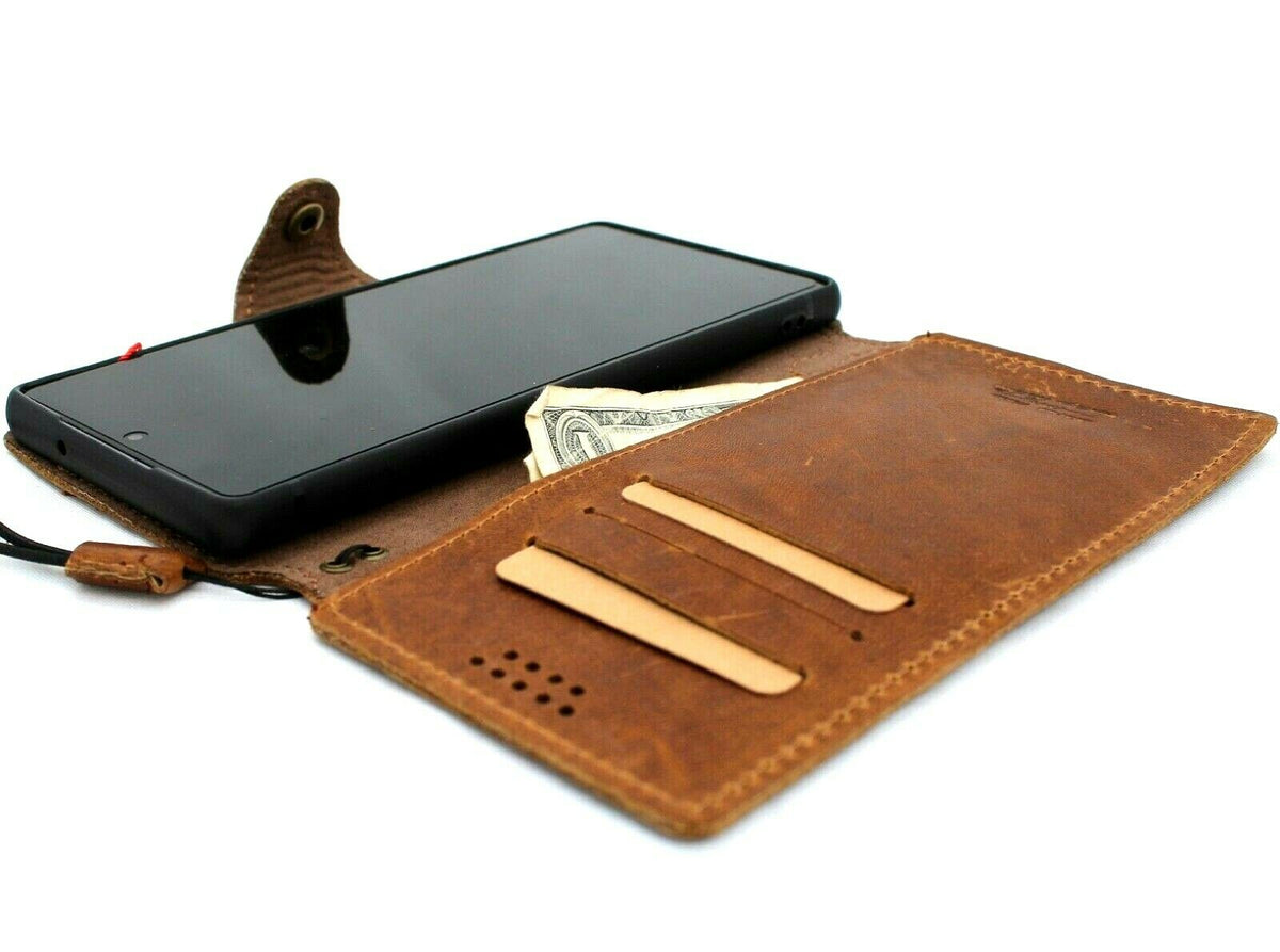 Genuine tan leather Samsung Galaxy S20 FE case by DAVISCASE with wallet-style design, card slots, slim vintage rubber cover