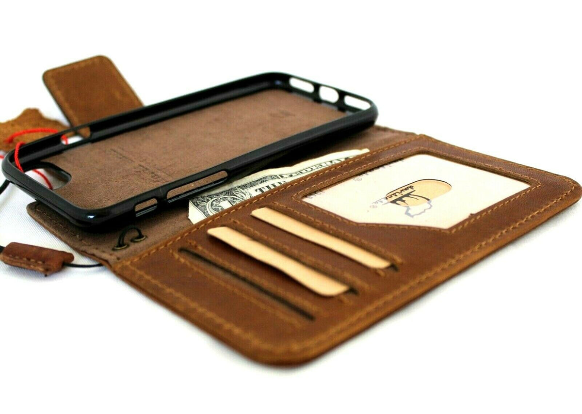 DavisCase genuine leather wallet case for iPhone SE 2 2020 with ID window, card slots, rubber holder, and strap for wireless charging.