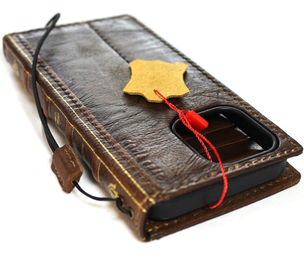 Handmade genuine leather phone case for Apple iPhone models, featuring a leather wallet book design with a textured finish.